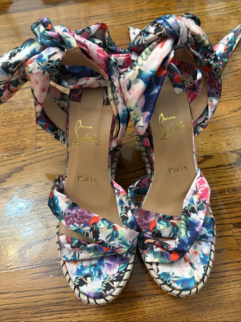 Christian Louboutin Multicolor Floral Ankle-Tie Wedge Sandals